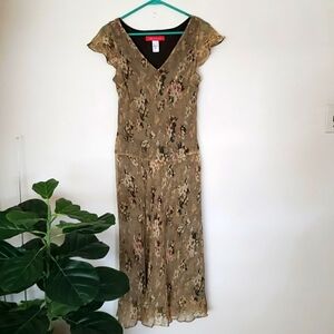 Ann Klein 100% silk floral midi maxi dress, flutter sleeve, women's size 14